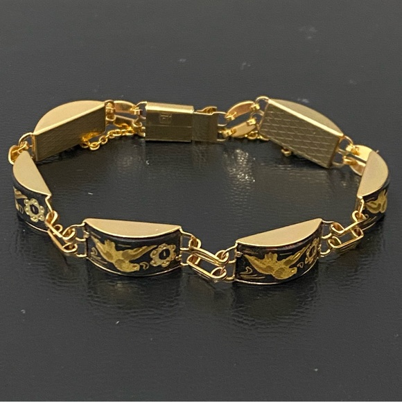 Vintage Damascene Gold-tone Enameled Birds & Flowers Link 8” Bracelet 16.3g - Picture 2 of 15